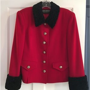 Red Wool Suit with Black Lamb Collar and Cuffs